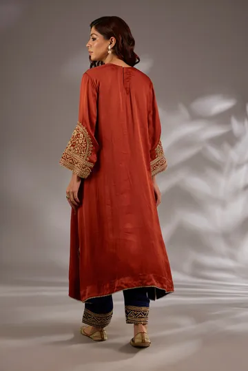 A-line kurta in satin organza base with dori hand embroidery. image 2