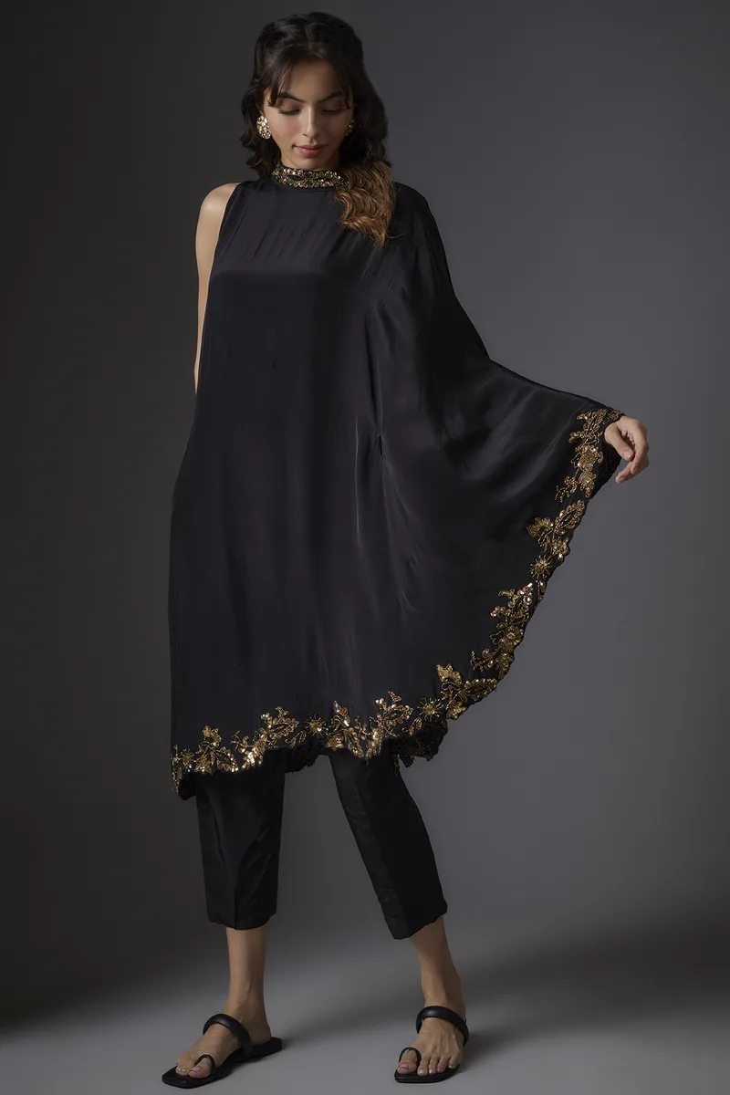 Black Crepe Embroidered Cape Set
