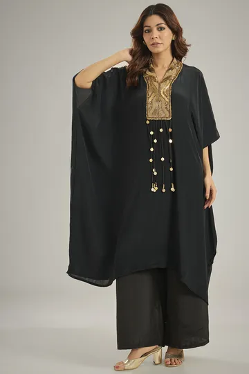Black Crepe Sequins & Crystal Hand Embroidered Kaftan Set