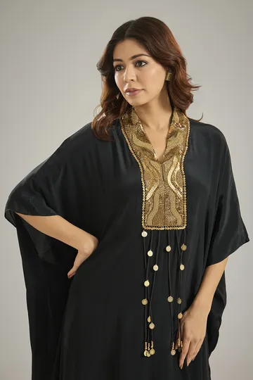 Black Crepe Sequins & Crystal Hand Embroidered Kaftan Set image 4