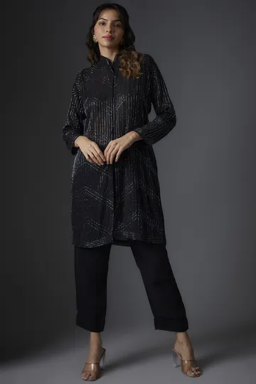 Black Georgette Embroidered Jacket Set