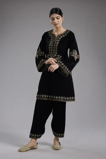 Black velvet Aari and hand embroidery kurta set