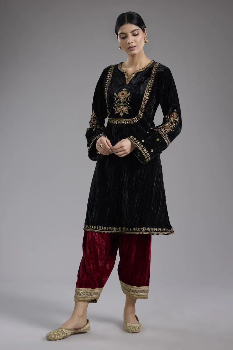 Black velvet Aari and hand embroidery kurta set