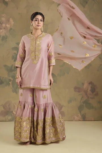 Chanderi Fabric Kurta And Gharara With Gota Embroidery