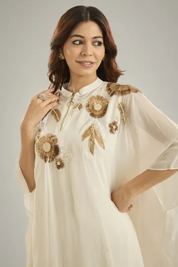 Cream Georgette Sequins Hand Embroidered Kaftan Set image 4