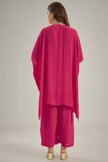 Dark Pink Crepe Sequins Hand Embroidered Kaftan Set image 2