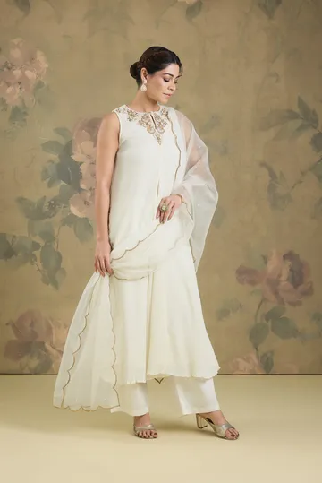 Flared Kurta Set In Chinon Cotton With Handwork