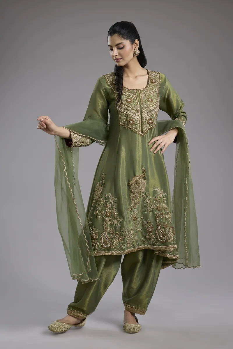 Green tissue Anarkali with hand embroidery