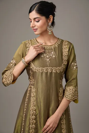 Green Tissue Dori Hand Embroidered A-lIne Short Anarkali Set image 4