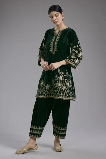 Green velvet Aari and hand embroidery kurta set