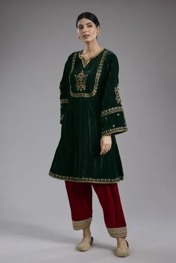 Green velvet Aari and hand embroidery kurta set