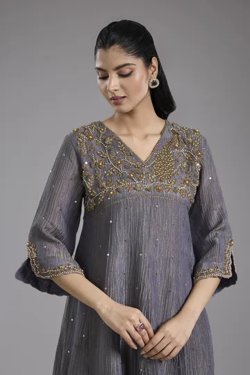Grey crush tissue Anarkali with hand embroidery image 4