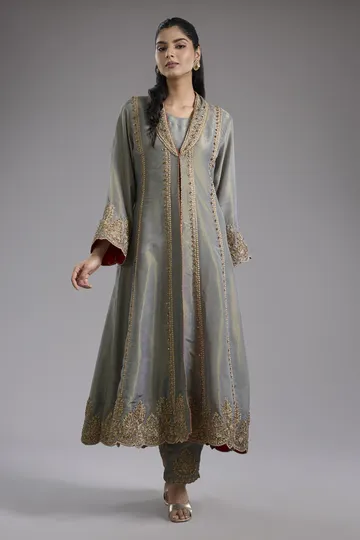 Grey tissue jacket set with dori machine embroidery