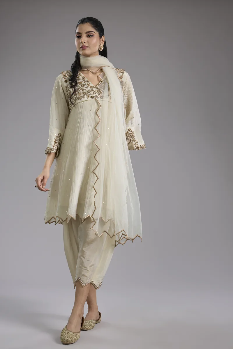 Ivory crush tissue Anarkali with hand embroidery