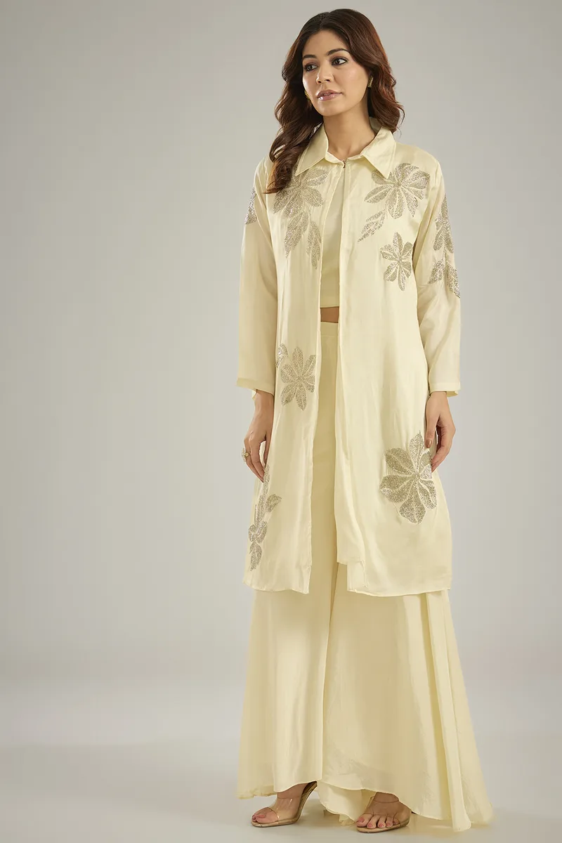 Ivory Silk Crystal Hand Embroidered Jacket Set