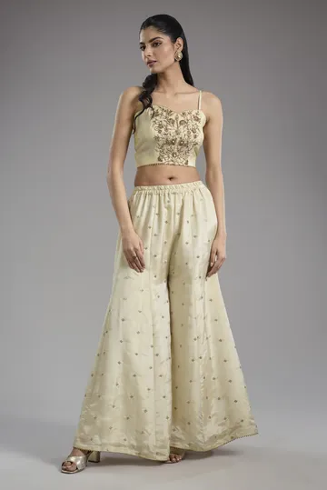 Ivory tissue dori hand embroidery sharara set image 3
