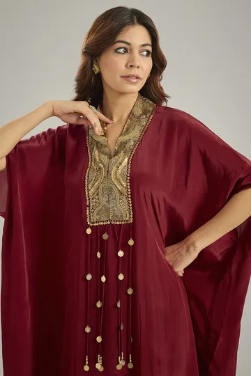 Maroon Crepe Sequins & Crystal Hand Embroidered Kaftan Set image 4