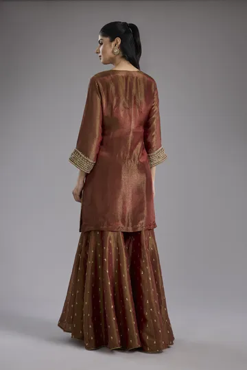 Maroon tissue dori hand embroidery sharara set image 2