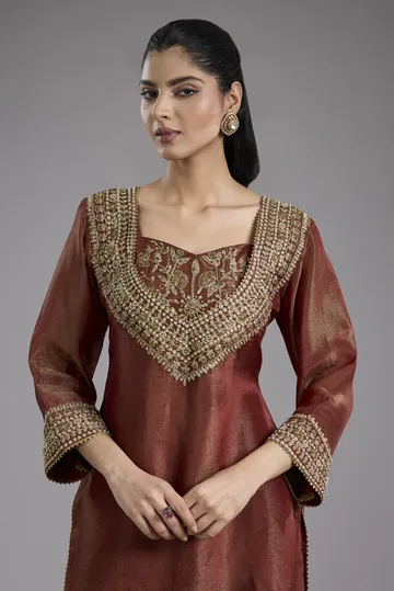 Maroon tissue dori hand embroidery sharara set image 5
