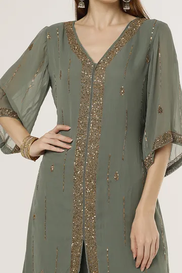 Olive Green Embroidered Kurta Set image 4