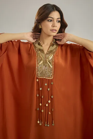 Orange Crepe Sequins & Crystal Hand Embroidered Kaftan Set image 4