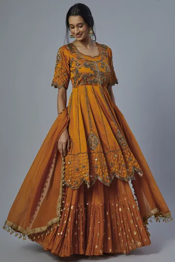 Orange Satin Silk Anarkali Set