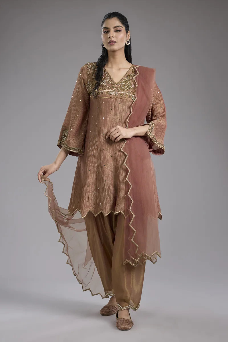 Pink crush tissue Anarkali with hand embroidery