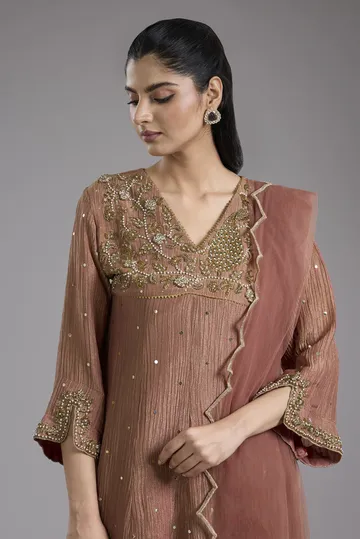 Pink crush tissue Anarkali with hand embroidery image 4