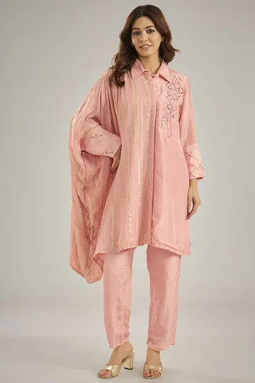 Pink Silk & Georgette Lurex Crystal Embroidered One-Side Kaftan Set