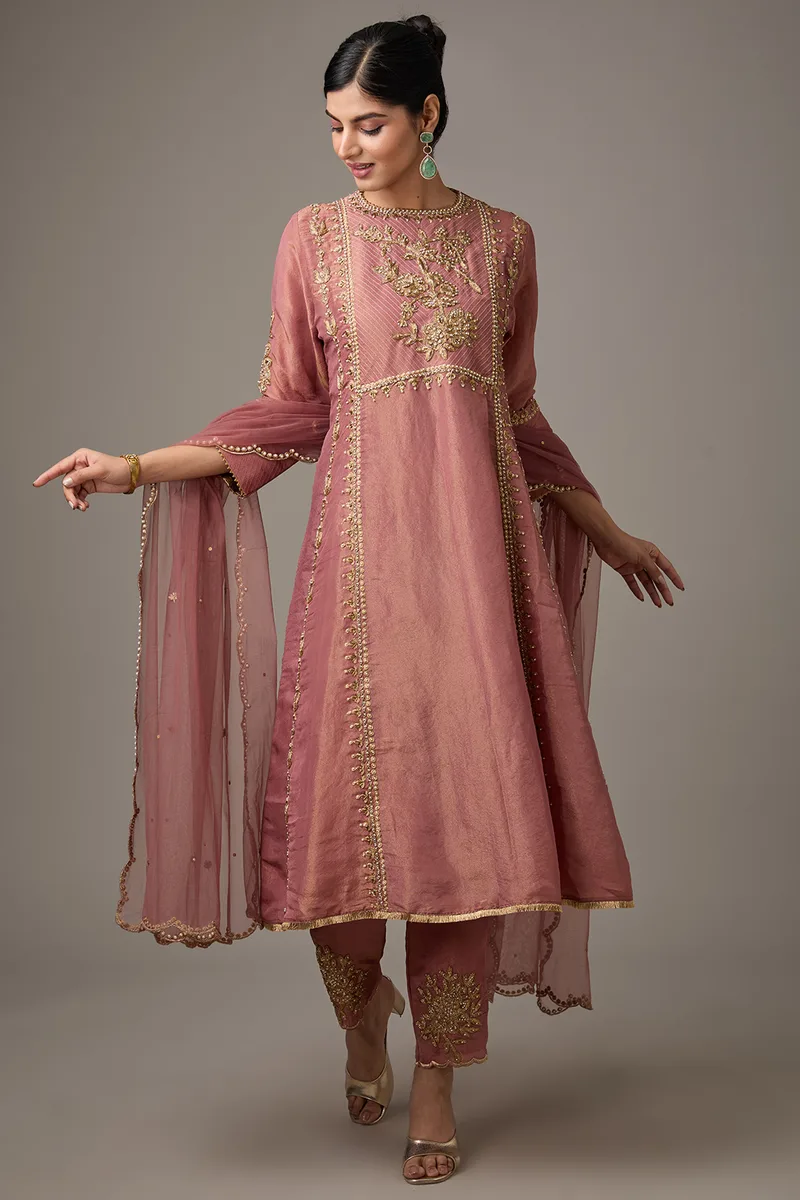 Pink Tissue Dori Hand Embroidered Kurta Set