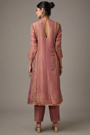 Pink Tissue Dori Hand Embroidered Kurta Set image 2