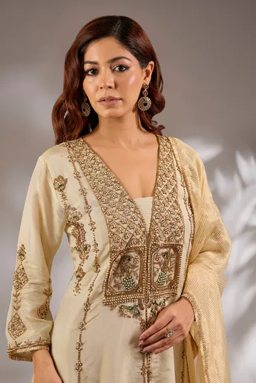 Princess flared kurta in tissue base with hand embroidery. image 4