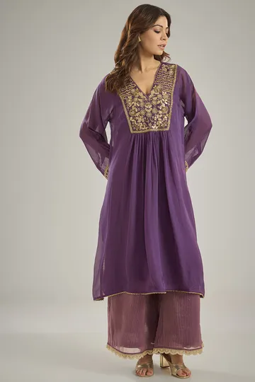Purple Organza Tissue Nakshi Hand Embroidered Kurta Set