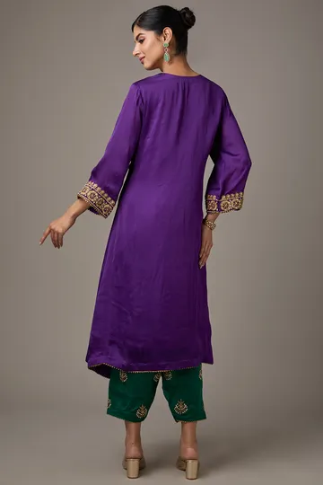 Purple Satin Organza Dori Machine Embroidered A-Line Flared Kurta Set image 2