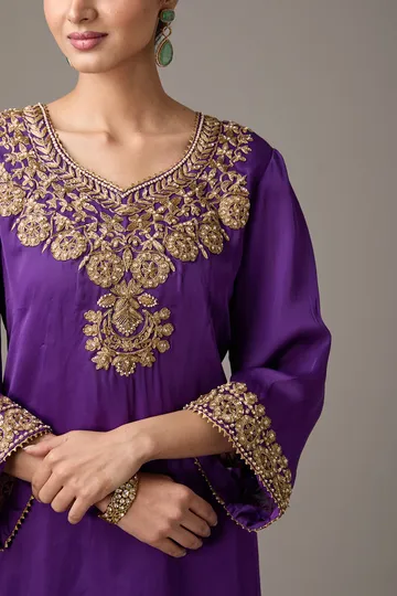 Purple Satin Organza Dori Machine Embroidered A-Line Flared Kurta Set image 4