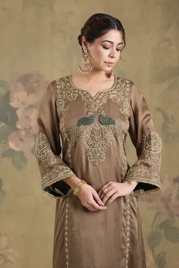 Satin Organza Kurta Set With Machine Hand Embroidery image 5