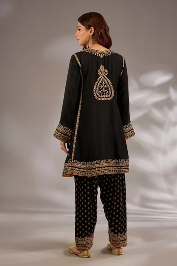 Short anarkali in silk base with dori hand embroidery. image 2