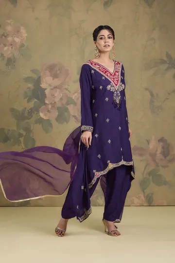 Silk Flared Kurta Set With Handwork