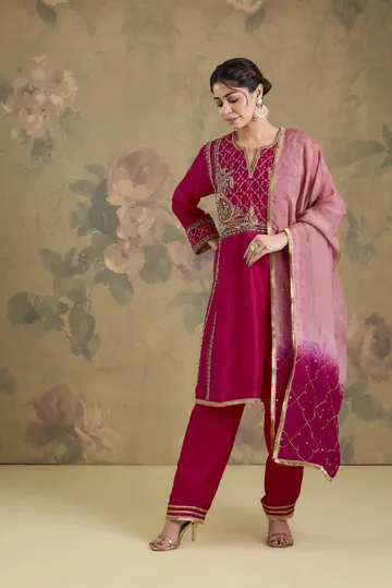 Silk Kurta Set With Organza Dupatta With Handwork