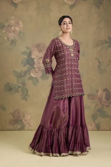 Tissue Flared Sharara Set With Contrast Dupatta And Handwork image 3