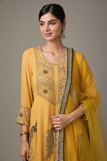 Yellow Georgette Peacock Motif Dori Hand Embroidered Anarkali Set image 4
