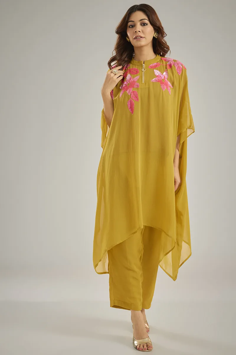 Yellow Georgette Sequins Hand Embroidered Kaftan Set