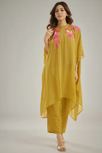 Yellow Georgette Sequins Hand Embroidered Kaftan Set