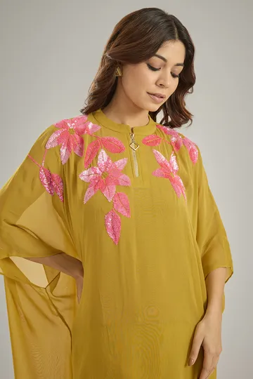 Yellow Georgette Sequins Hand Embroidered Kaftan Set image 4